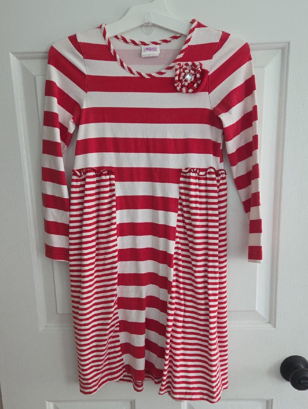 Girls Red and White Striped Cotton Dress with Pocket Details